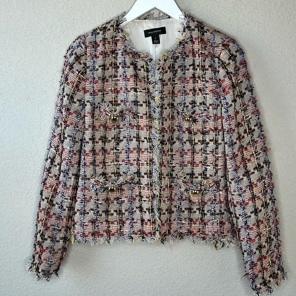 Halogen Tan Elsie Tweed Multicolored Frayed Edge Jacket Size Medium - Picture 2 of 11